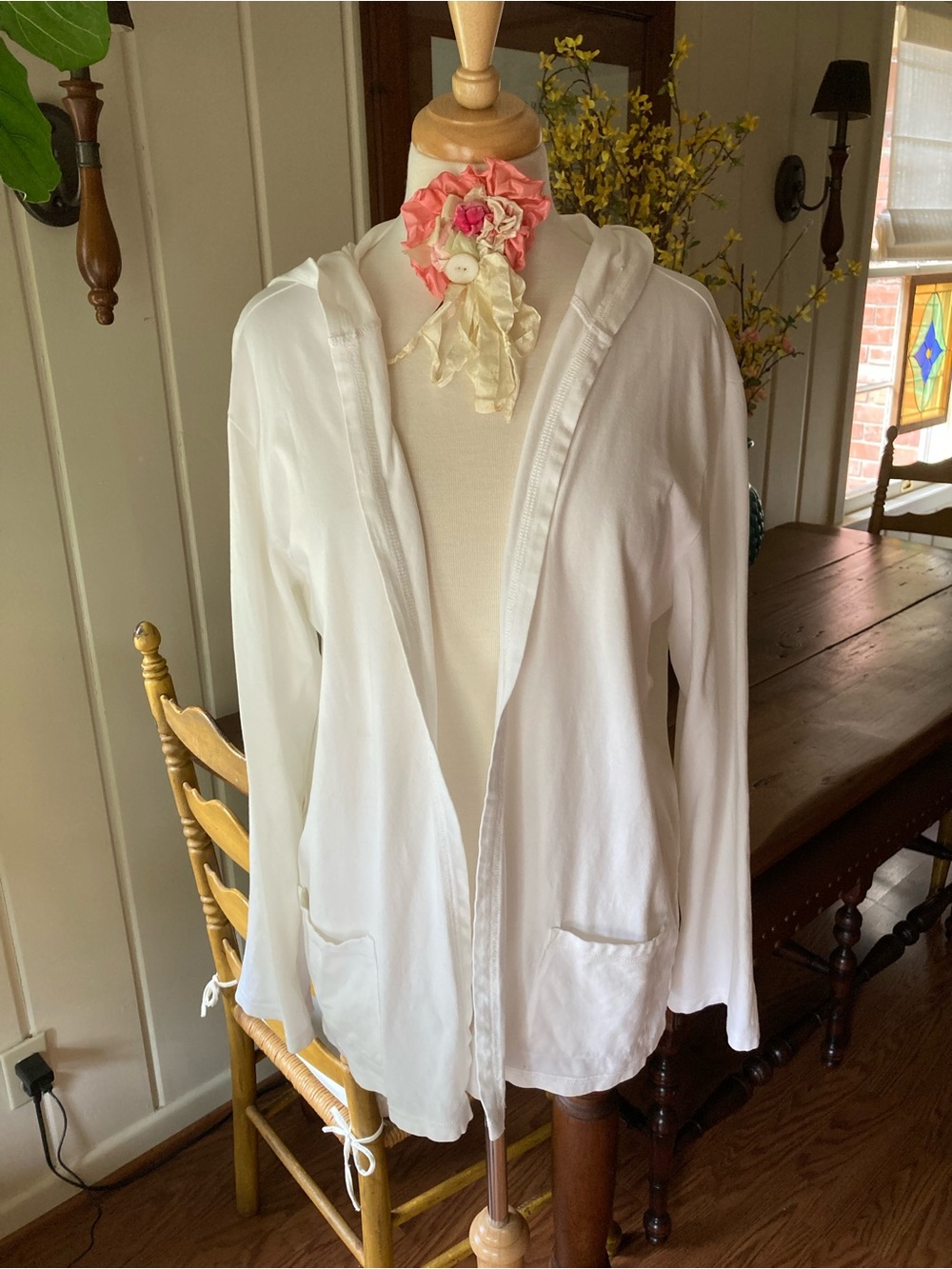 Chico's White Hooded Open Cardigan